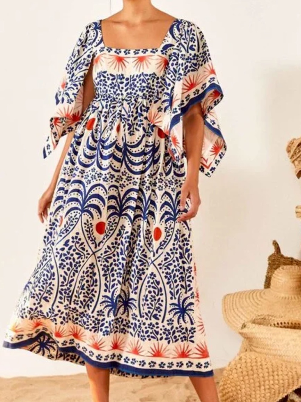 FARM Rio Blue, White and Orange Floral Midi Dress